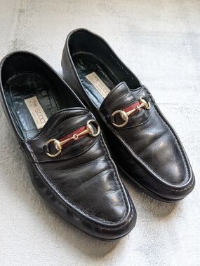 Gucci Black Leather Horsebit Loafers with Red Web Accent US 12 Vintage